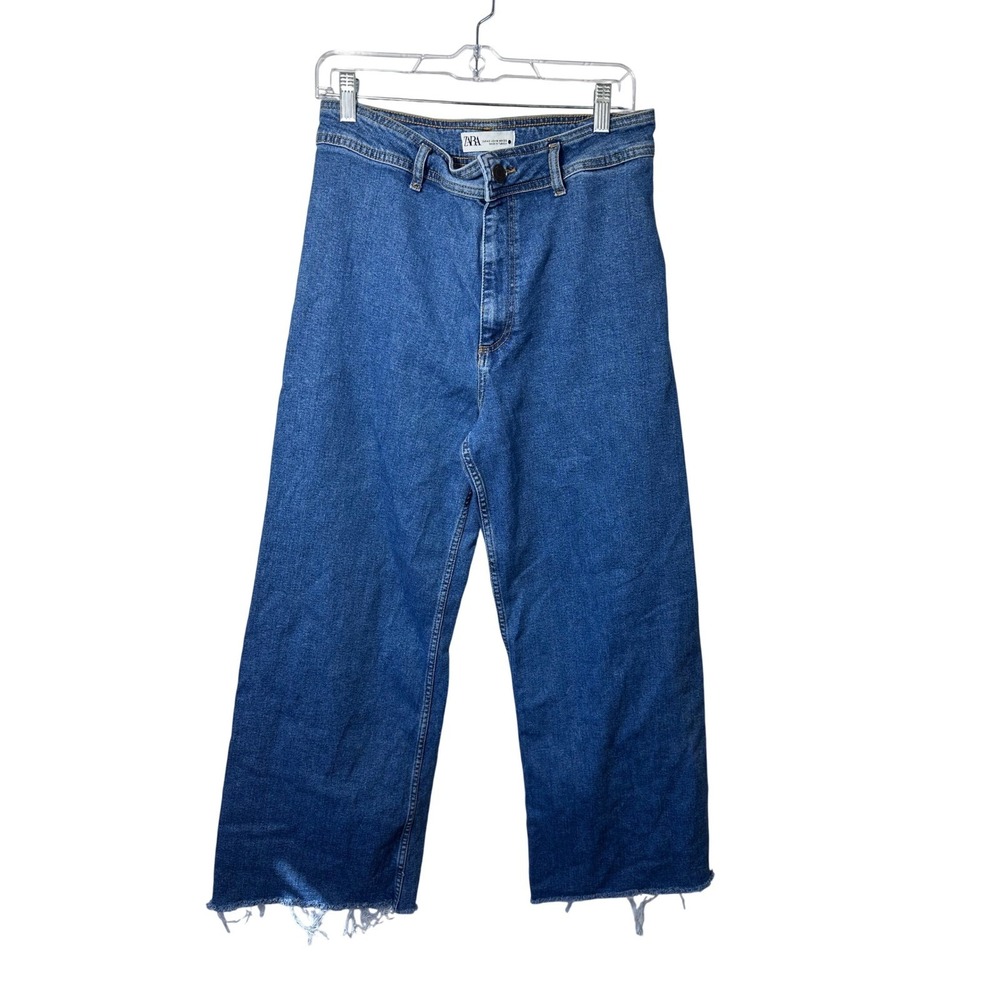 Zara‎ Women's Size 10 High Rise Wide Leg Cropped Denim Jeans Frayed Hem Blue